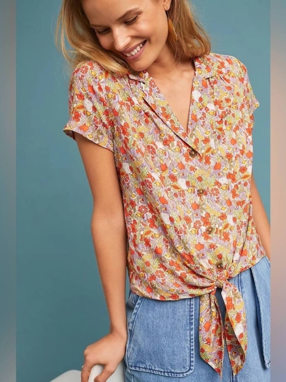 Maeve Anthropologie Citrus Print Tie-Front Shirt - Size 8